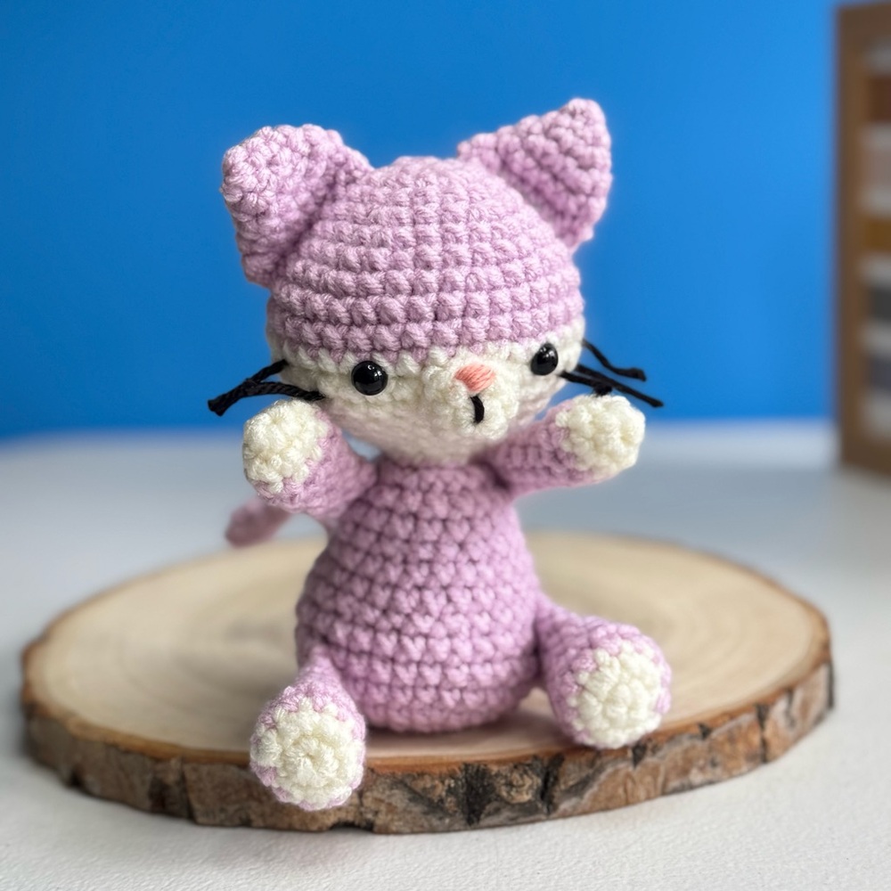 Handmade Mini Crochet Cat Amigurumi Lilac Plushie Doll